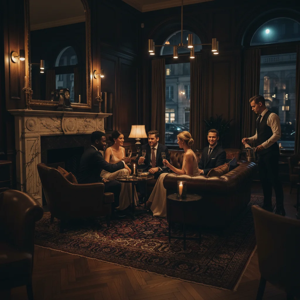 International VIP club members gathered at an exclusive london bar tasting champagne.